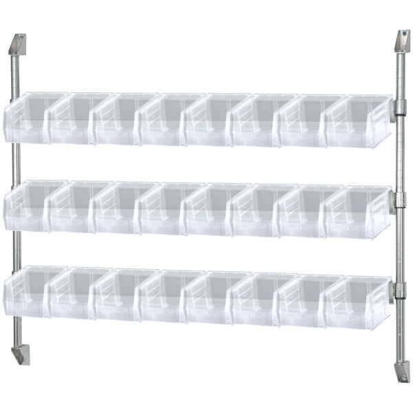 A metal rack with clear plastic divider bins on it.