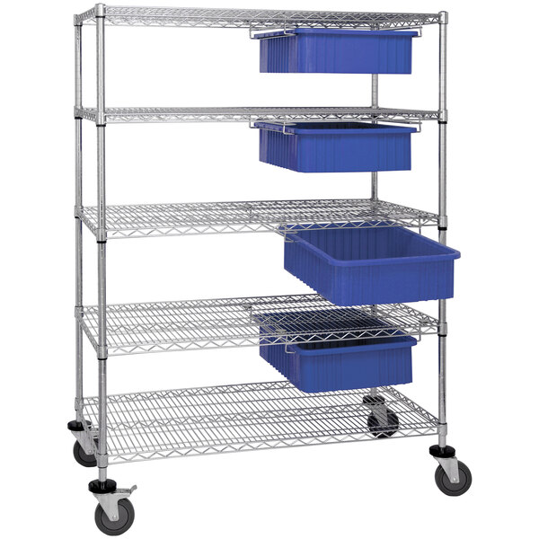 A metal shelving unit with blue bins on a wire rack.