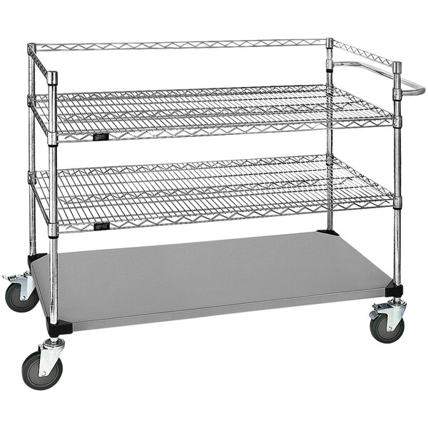 A Quantum stainless steel medical cart with 3 shelves and wheels.