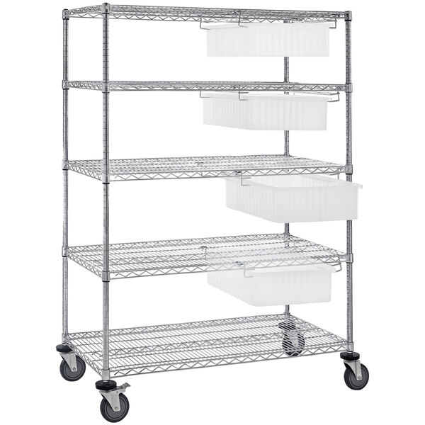 A metal Quantum bin cart system with clear plastic divider bins.