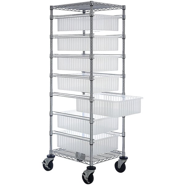 A Quantum metal mobile cart with clear plastic divider bins on wheels.