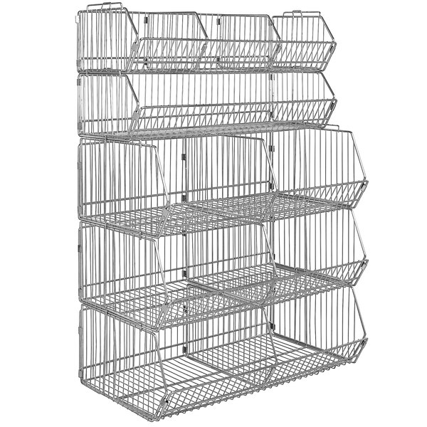 A Quantum chrome wire rack with three baskets.