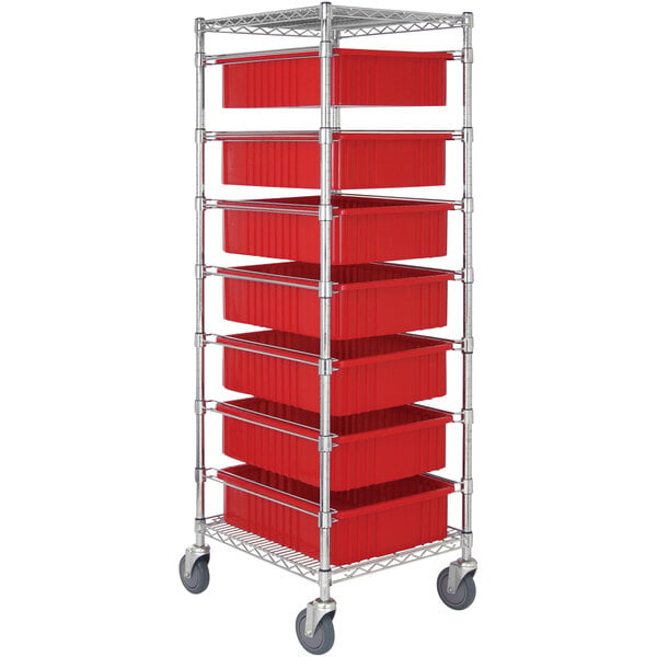 A Quantum metal cart with red divider bins on metal poles.