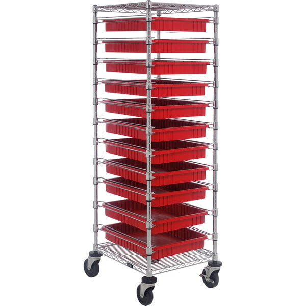 A Quantum metal mobile cart with red divider bins on wheels.