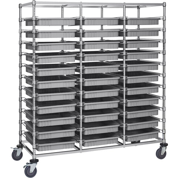 A Quantum triple mobile bin cart with gray divider bins on wheels.