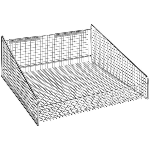 A Quantum chrome wire mesh hanging basket.