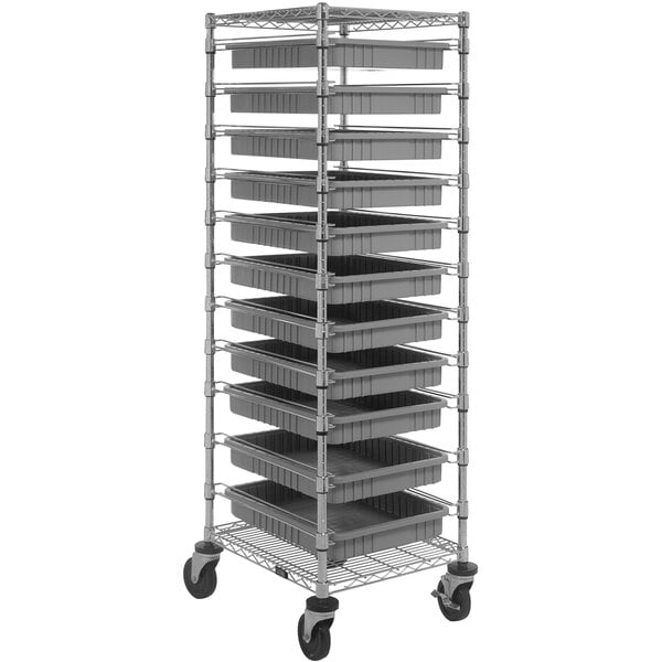 A Quantum metal mobile cart with gray divider bins on wheels.