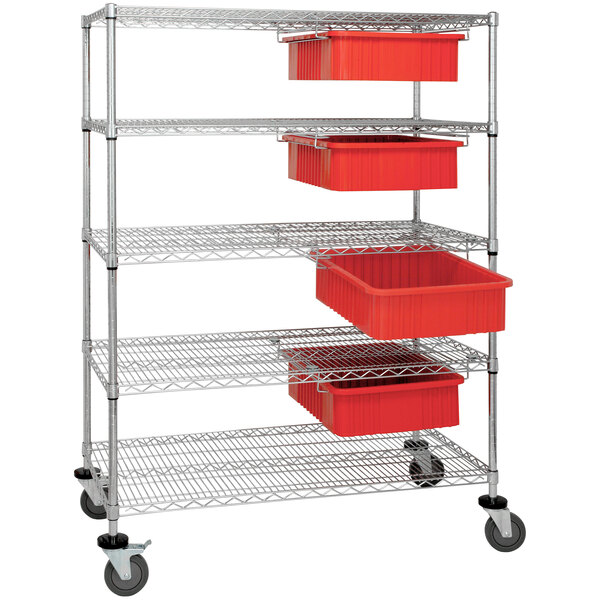 A metal wire shelving unit with red bins on it.