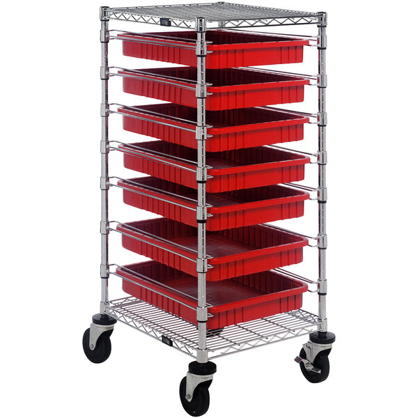 A Quantum metal mobile cart with red divider bins on shelves.