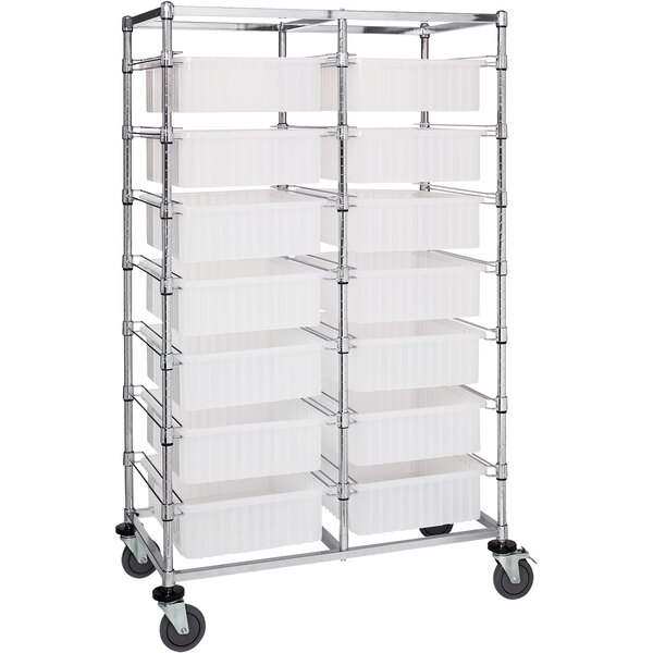 A metal Quantum double bin cart with clear plastic bins on shelves.