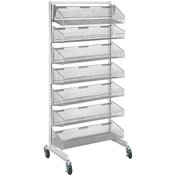 A Quantum chrome metal partition wall system with 11 hanging baskets on wheels.