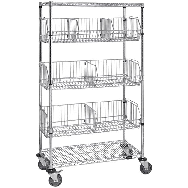 A Quantum chrome wire mobile cart with three basket shelves.