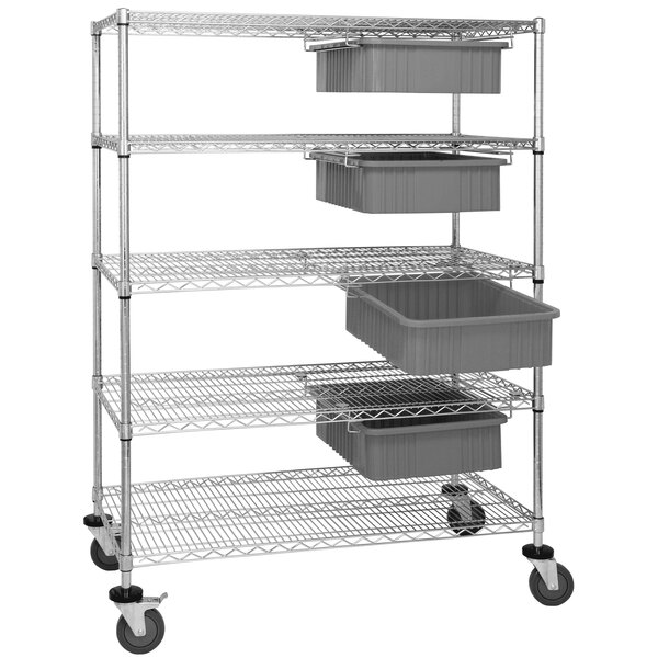 A Quantum metal bin cart system with gray divider bins on wheels.