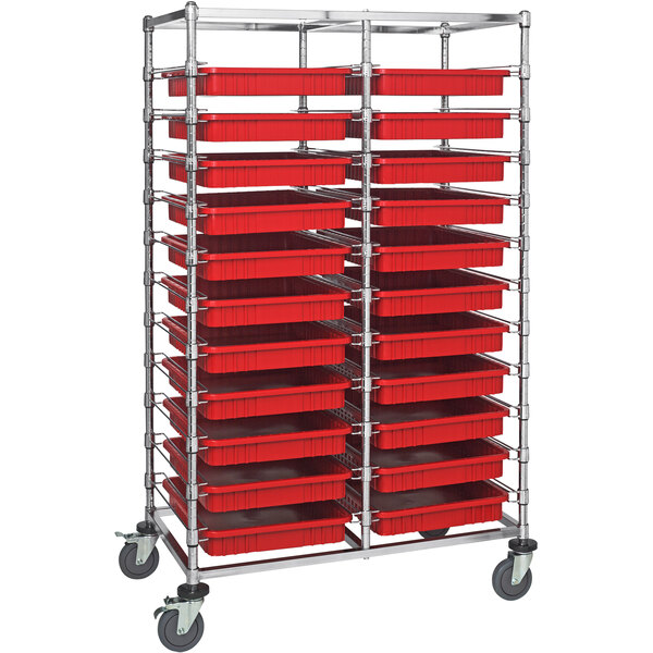 A Quantum metal storage bin cart with red divider bins on wheels.