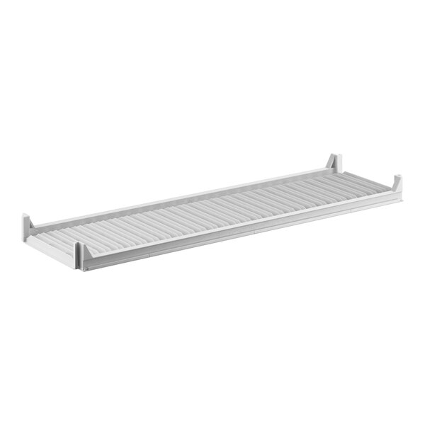 A white rectangular Cambro Camshelving® Premium vented shelf with a metal strip.