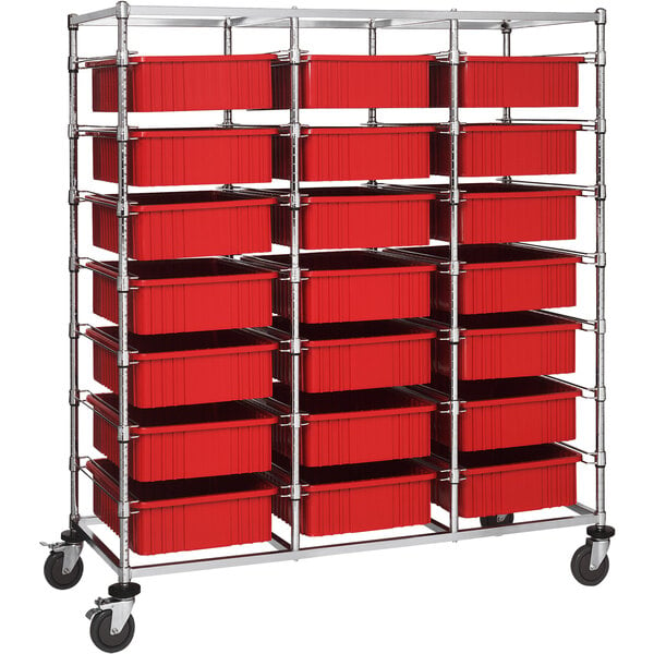 A metal rack with red Quantum mobile bins.