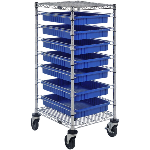 A Quantum mobile cart with blue divider bins on a metal rack.