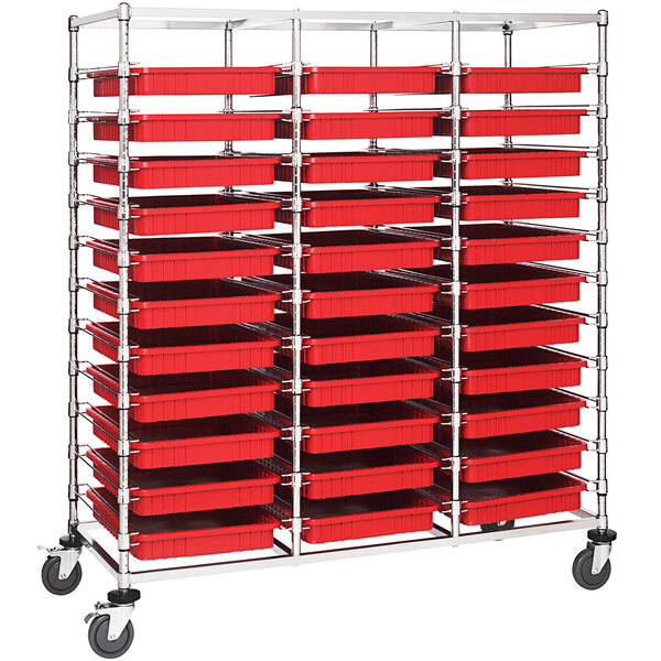 A red mobile bin cart with red bins on black shelves.