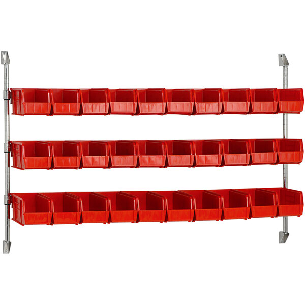 A wall mount with red Quantum bins.