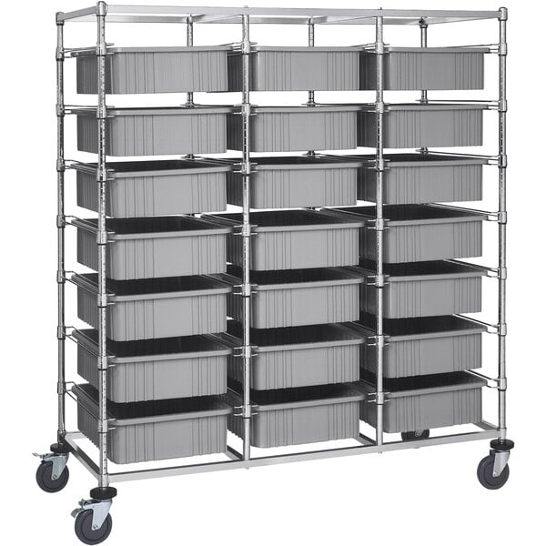 A Quantum metal mobile bin cart with many gray bins on wheels.