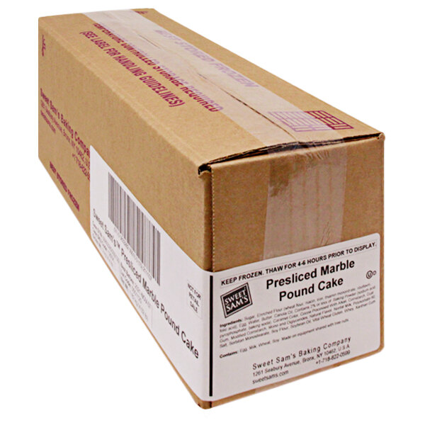 A white box with a barcode for Sweet Sam's Pre-Sliced Marble Pound Cake.