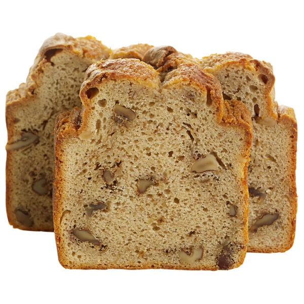 A close-up of Sweet Sam's pre-sliced banana walnut pound cake.