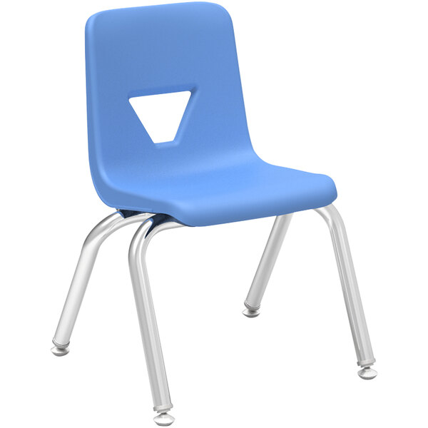 A Sky Blue Virco classroom chair with a triangle cut out on the back.