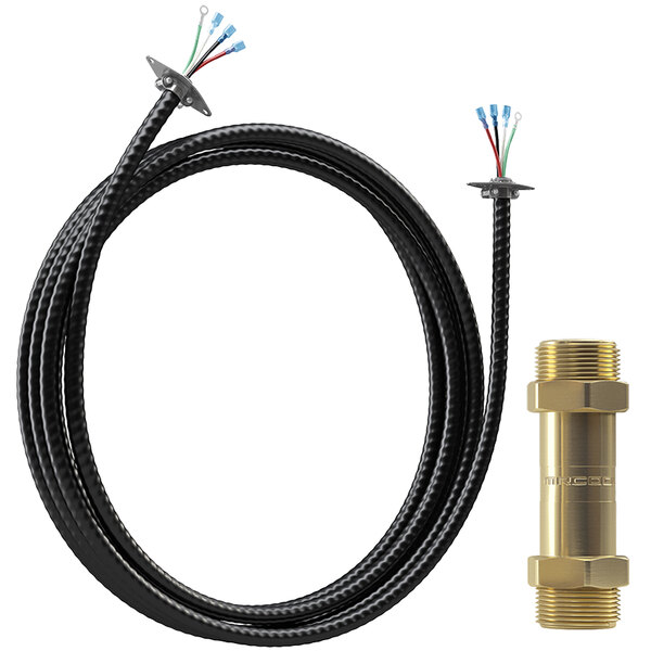 A black cable with a gold and white connector.