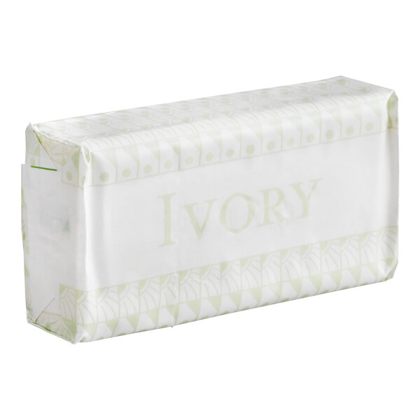 A bar of Ivory aloe scent gentle soap in white packaging.
