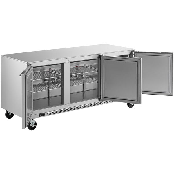 A Beverage-Air stainless steel undercounter refrigerator with two doors.