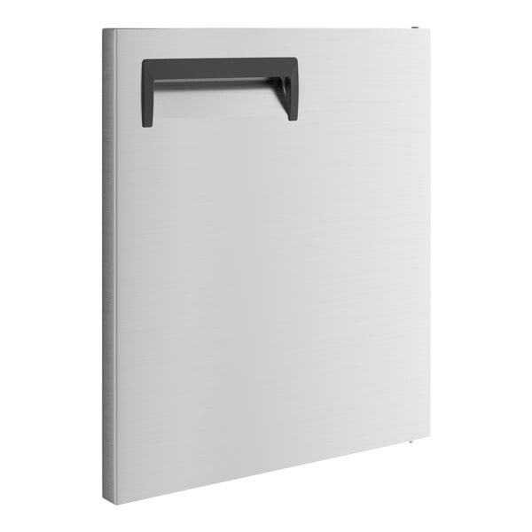 A white rectangular aluminum door with a black handle.