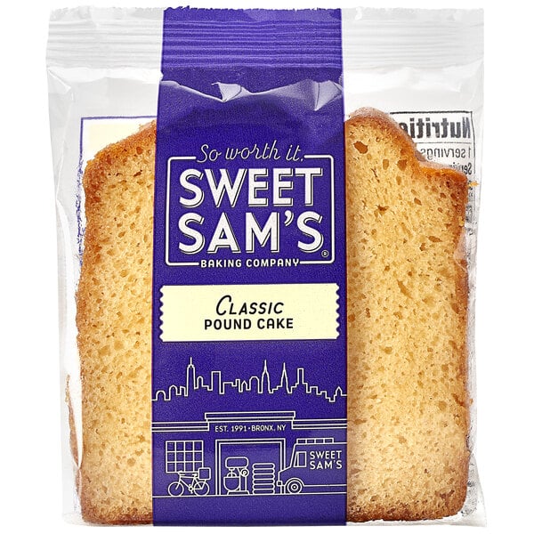 A piece of Sweet Sam's classic pound cake in a plastic package.