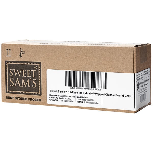 A close-up of a box of Sweet Sam's Individually Wrapped Classic Pound Cake.