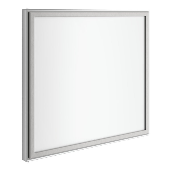 A white rectangular door with a silver frame.