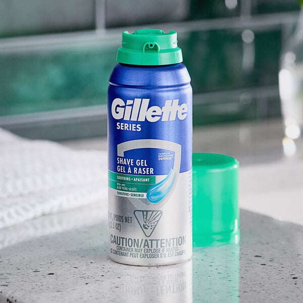 A case of 24 Gillette Series Men's Sensitive Shave Gel bottles with blue and white labels.