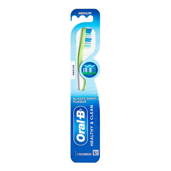 An Oral-B blue and white toothbrush in a blue and white box.