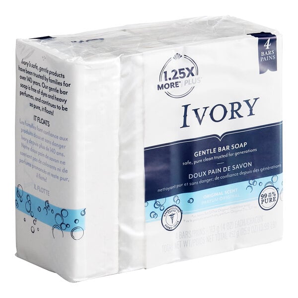 A 4 pack of Ivory Gentle Bar Soap on a white background.