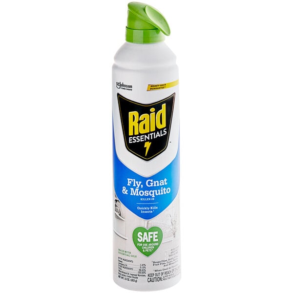 A SC Johnson Raid Essentials spray can with a green lid.