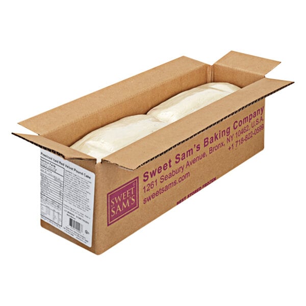 A white cardboard box of Sweet Sam's red velvet pound cake slices.