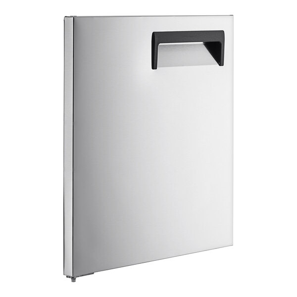 An aluminum door with a black handle.