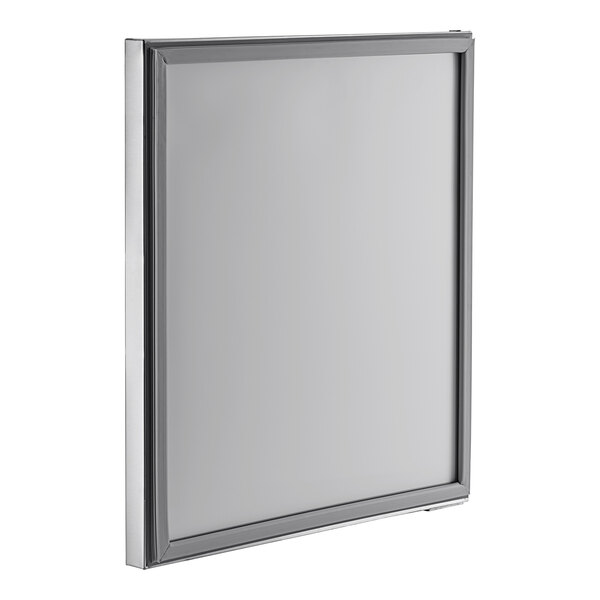 An aluminum rectangular door with a black frame.