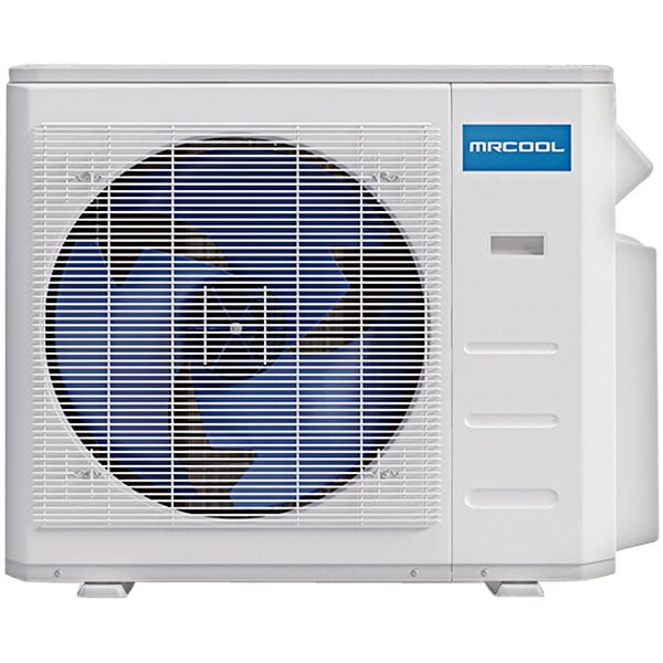 A white MRCOOL DIY multi-zone heat pump condenser with a blue circle.