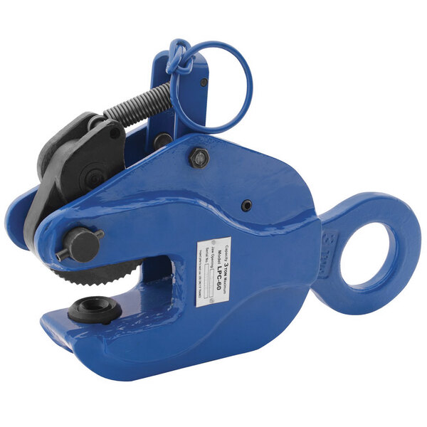 A blue steel Vestil vertical plate clamp with a black spring handle.