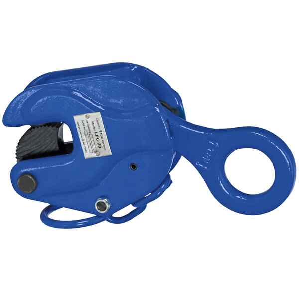 A blue Vestil steel plate clamp with a hook on it.