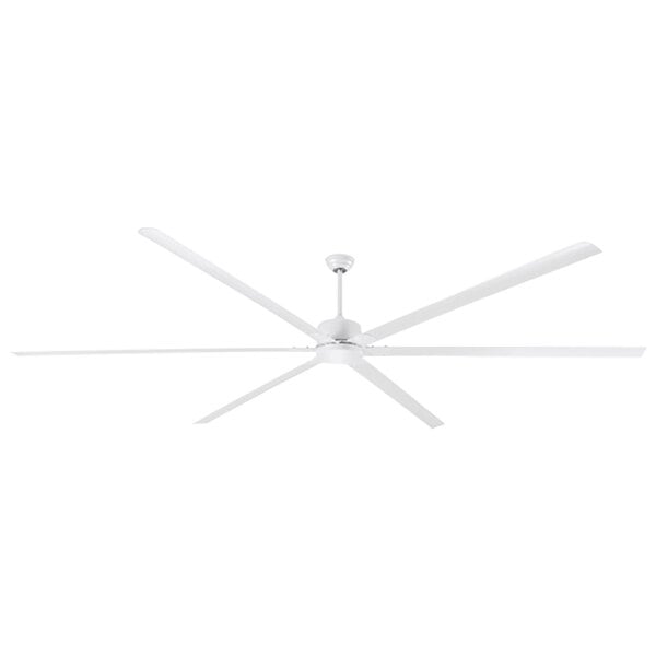 A white Canarm industrial ceiling fan with three blades.