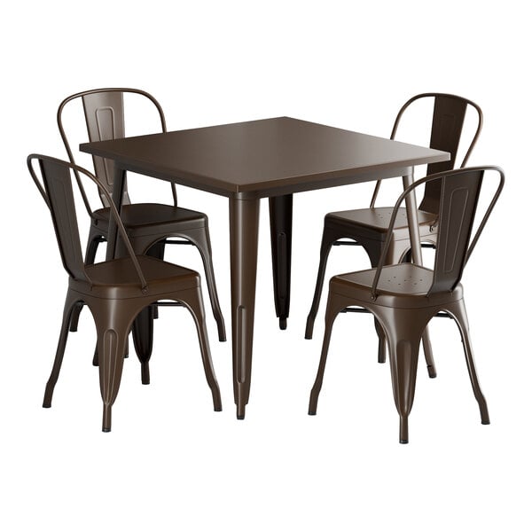 A brown Lancaster Table & Seating Alloy Series outdoor table with four brown metal chairs.