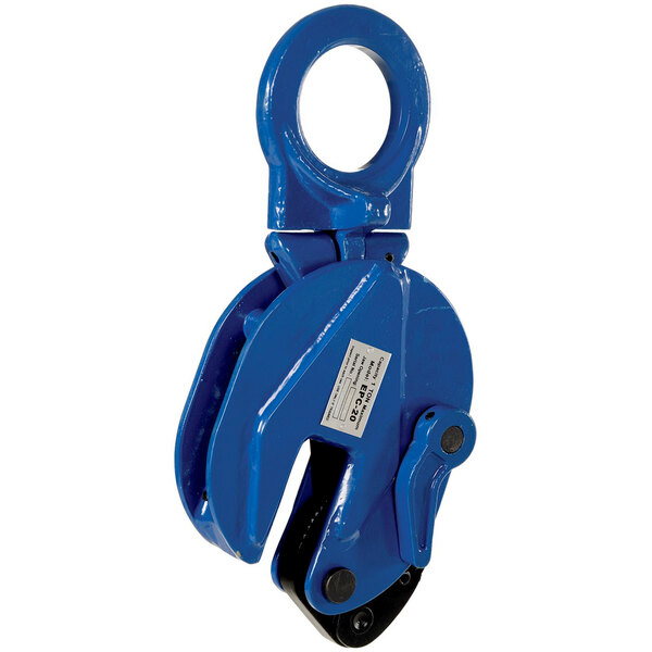 A blue steel Vestil vertical plate clamp with a round metal ring.