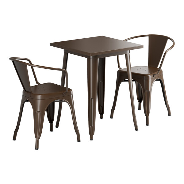 A brown metal Lancaster Table & Seating square table with legs and two brown metal chairs.