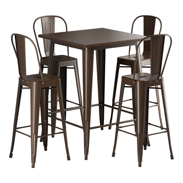 A Lancaster Table & Seating brown metal bar height table with four chairs.