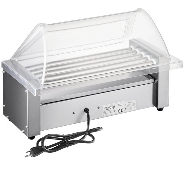 An Avantco hot dog roller grill with a clear sneeze guard.